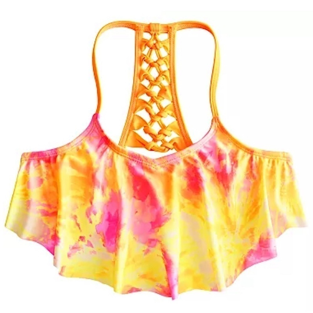 Big girls Handkerchief flounce style; ladder back strap detail; allover tie dye